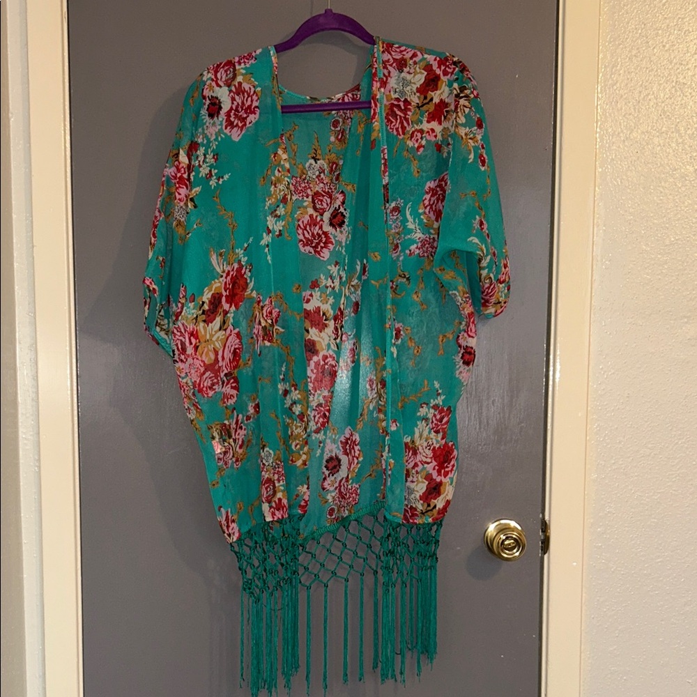 Floral Kimono with Fringe